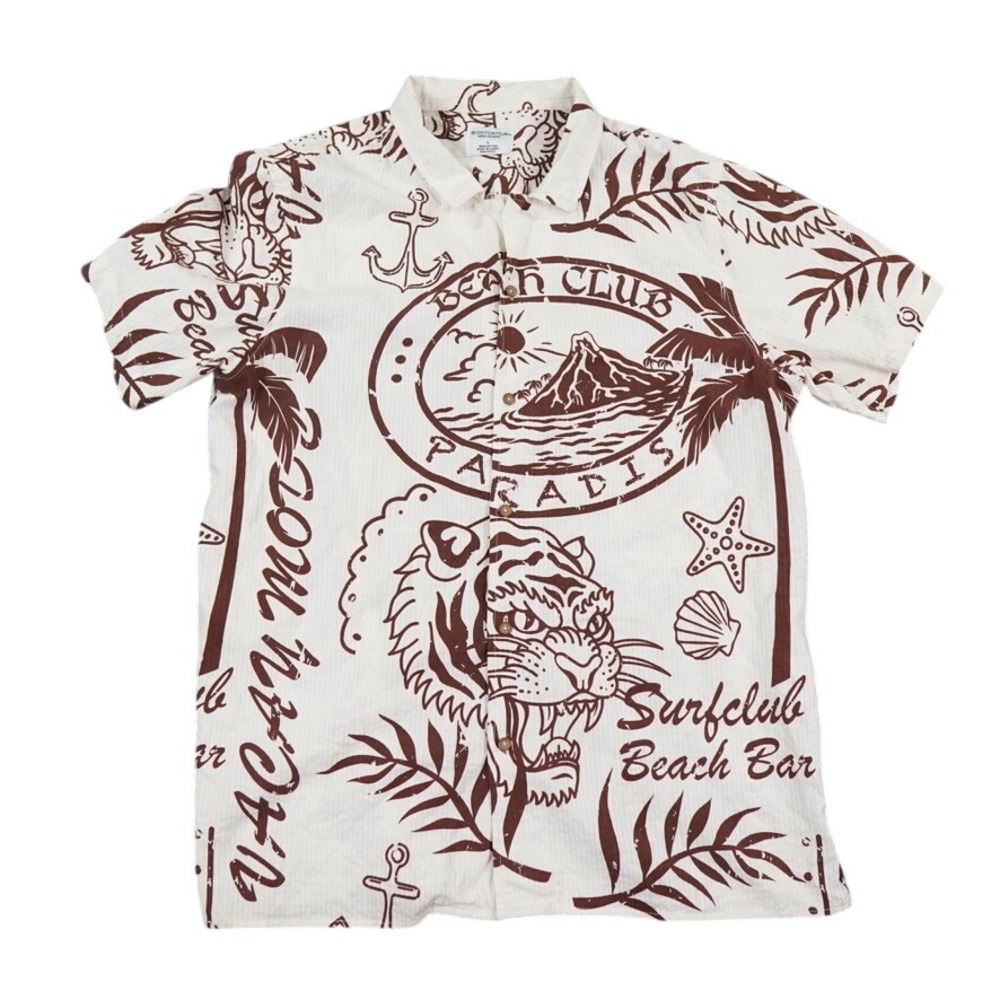 Distortion Hawaiian Tiger Shirt Men L Cream Beach‎ Club Bar Graphic Streetwear